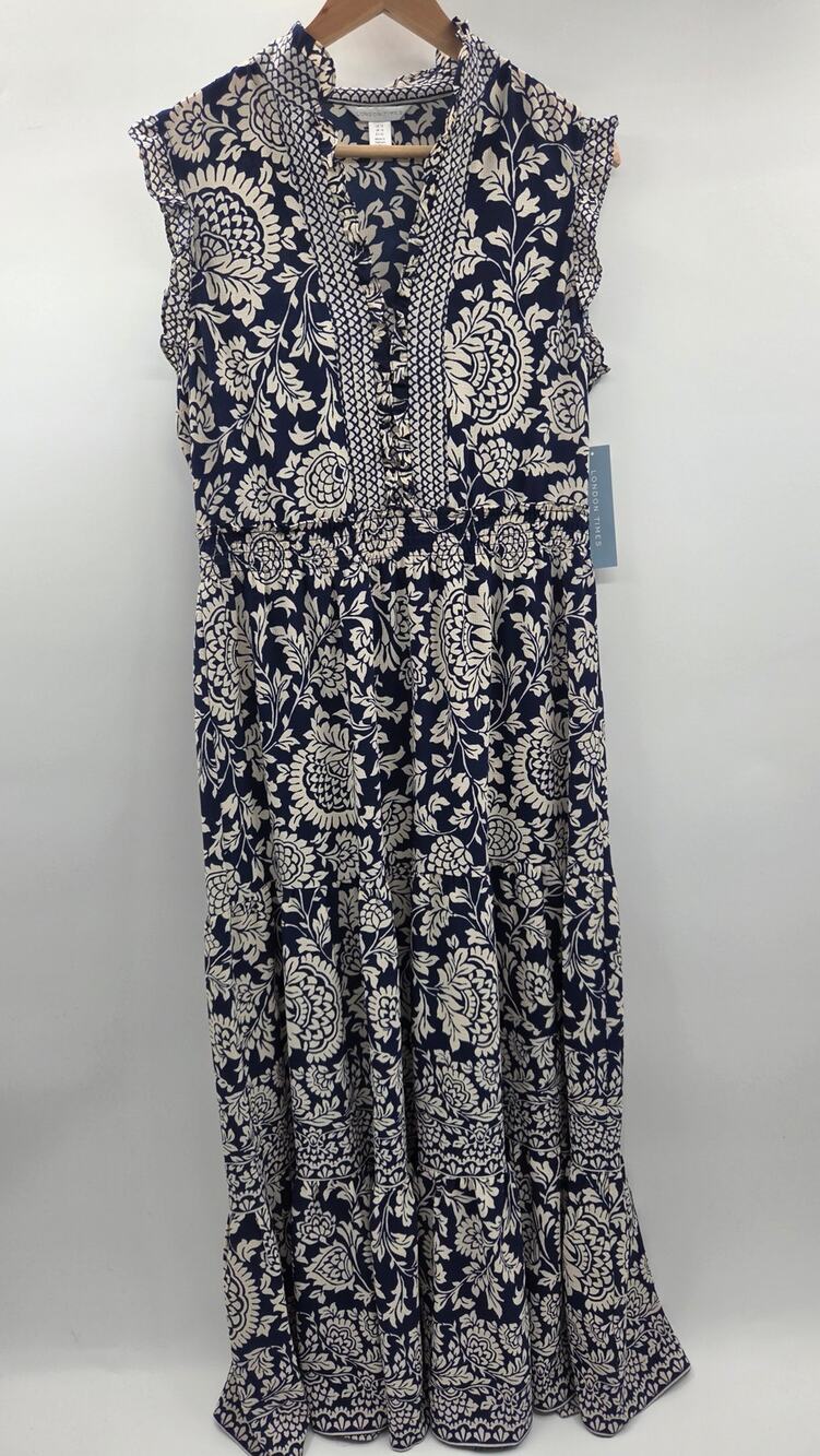 London Times Woman Flutter Sleeve Maxi Dress Floral Navy Beige 12 NWT